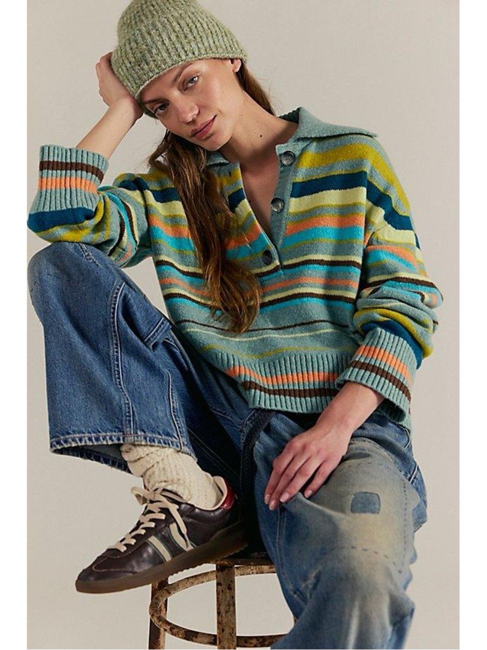 Free People Trading Up Striped Polo Sweater Multicolor Size L New